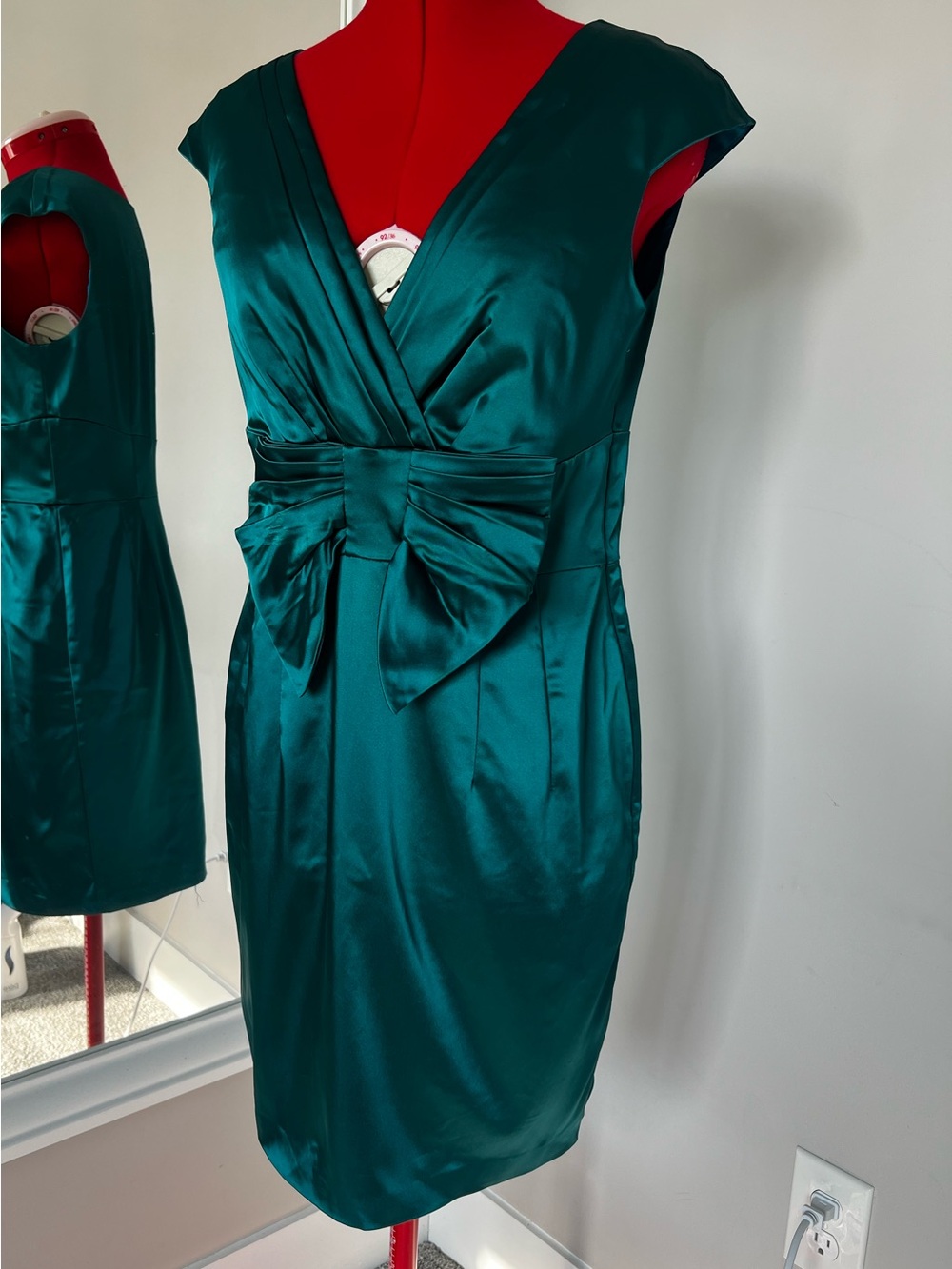 Oasis Teal Satin V-Neck Midi Dress with Waist Bow